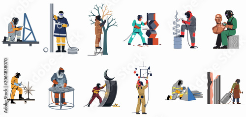 Fotografie Vector illustration collection of diverse welders and metal artists wearing protective gear while creating various metal sculptures and structures