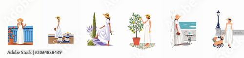 Obraz na płótnie Set of Mediterranean summer lifestyle illustrations featuring a woman in a white dress and straw hat enjoying various coastal activities and scenic landscapes