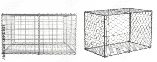 A Set of wire mesh gabion baskets PNG for retaining walls, landscaping, erosion control, stone filled cages, galvanized steel rectangular construction units

