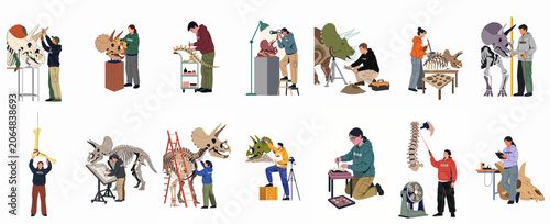 Fotografía Collection of paleontologists and museum staff working on dinosaur fossils, assembling skeletons, and cleaning bones in a vector illustration set