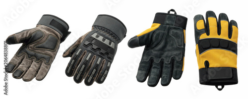 A Set of protective work gloves PNG for construction, mechanics, safety grip, impact resistant padded palms, durable multi color industrial handwear

