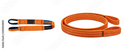 A Set of heavy duty lifting slings PNG for towing, cargo securement, rigging, recovery strap, orange polyester looped ends, industrial safety equipment

