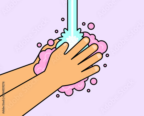 Hand washing with soap bubbles under running water to promote personal hygiene and cleanliness. cartoon vector illustration suitable for health, sanitation, and disease prevention concepts