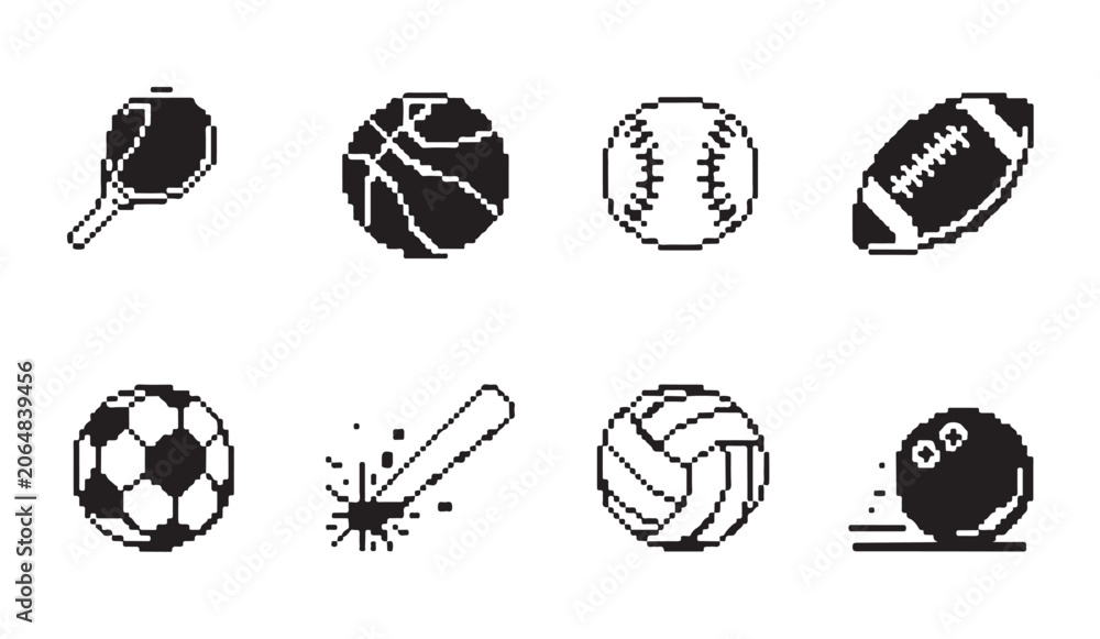 Fototapeta premium Eight pixel art sport icons featuring various equipment like racket ball bat and balls set.