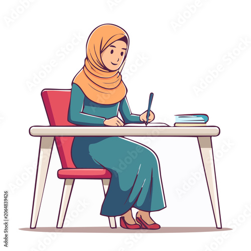 Cartoon woman in hijab writing at desk