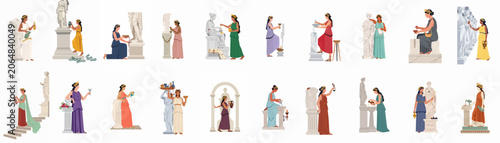 Collection of ancient Greek and Roman women in traditional attire performing rituals, pouring libations, and interacting with classical marble statues and columns.