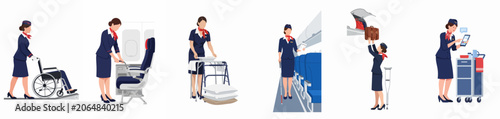 Set of flight attendants providing accessibility assistance to passengers with disabilities, including wheelchair users and visually impaired travelers, in a flat vector style.
