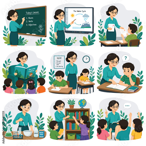 Diverse Classroom Scenes Showing a Teacher Interacting with Students in Various Educational Settings, Promoting Learning and Engagement.