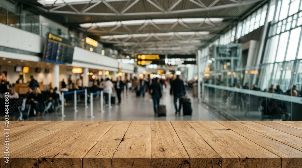 Fototapeta premium Busy modern airport terminal with travelers and wooden table.