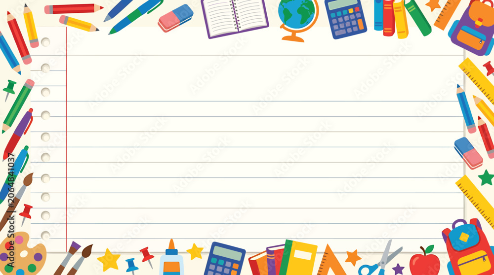 Obraz premium School Notebook Paper Template with Educational Supplies Border
