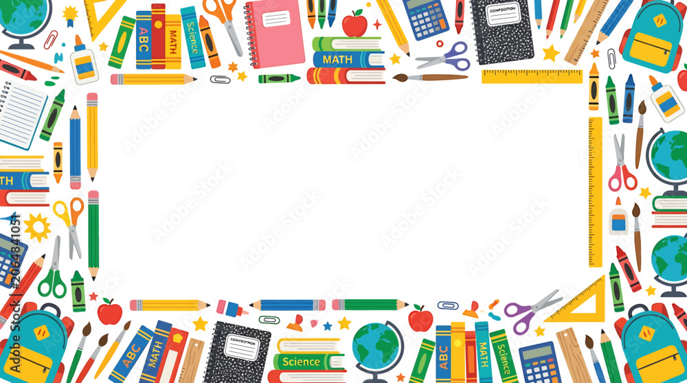 Obraz premium Back to School Decorative Border Frame with School Stationery