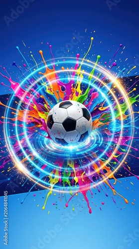 Soccer Ball Surrounded By Vibrant Neon Energy Rings