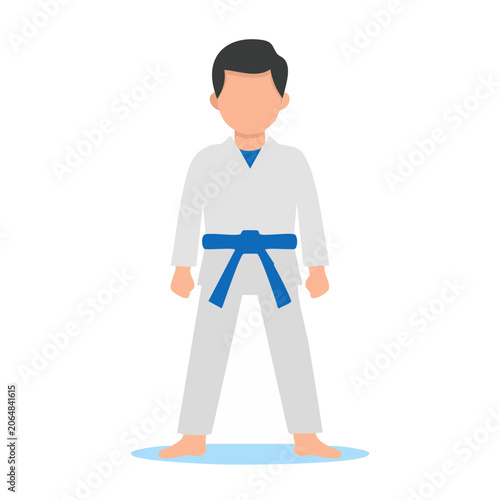 Karateka in white gi with blue belt, flat illustration