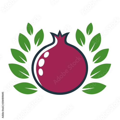 Pomegranate icon with laurel leaves on transparent background