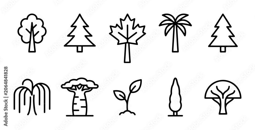 Fototapeta premium Diverse Tree Icons Set, Nature Elements Collection, Botanical Vector Graphics, Forest Symbols