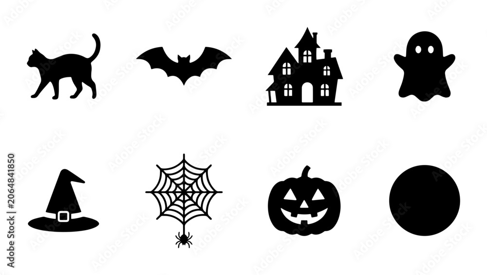 Fototapeta premium Halloween Icons Set: Black Cat, Bat, Haunted House, Ghost, Witch Hat, Spiderweb, Pumpkin, Circle