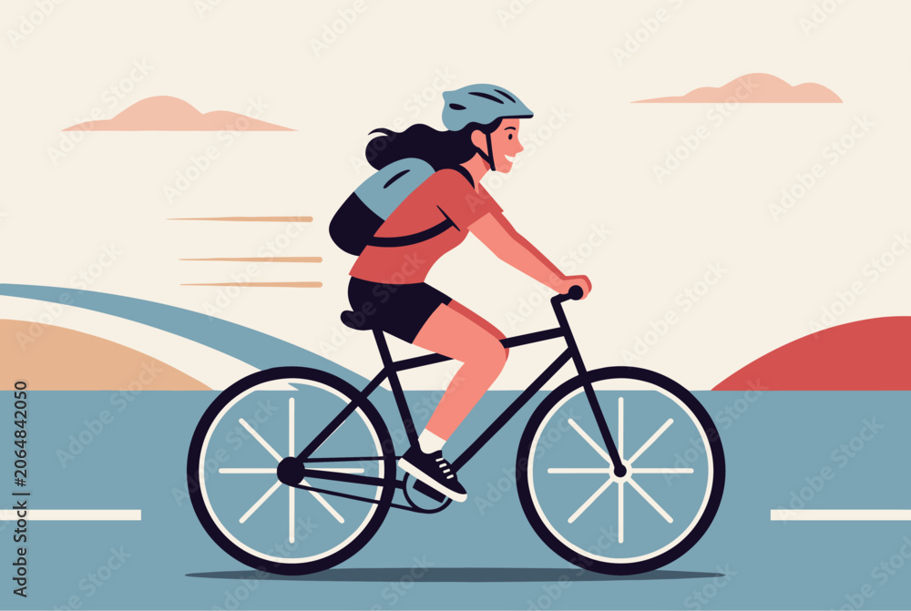 Obraz premium Active young girl in helmet riding a bicycle fast on coastal road next to beautiful blue sea on a sunny day.
