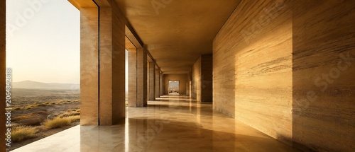 Luxury Architectural Colonnade with Golden Sunlight and Panoramic Landscape View