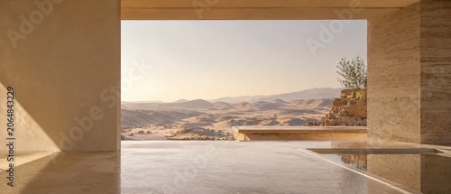 Luxury Architectural Interior with Panoramic Horizon View and Premium Copy Space