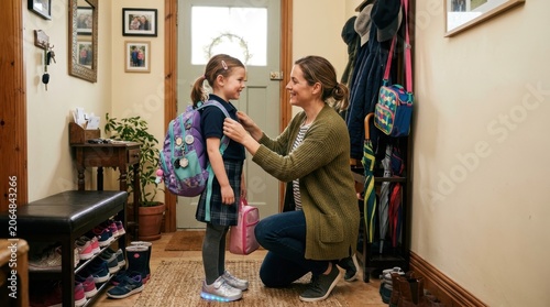 Mother Preparing Daughter For School In Home Entryway.