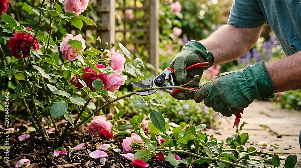 Fototapeta premium Close-up of gardener hands in green work gloves pruning rose bush with sharp secateurs