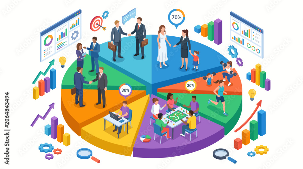 Naklejka premium Business professionals collaborate on colorful infographic with graphs and charts