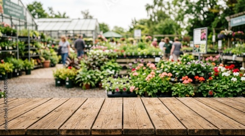 Wooden Table in Front of Outdoor Garden Center with Plants.