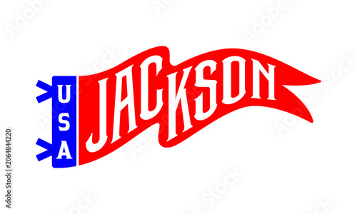 A retro-style red pennant banner featuring the word 