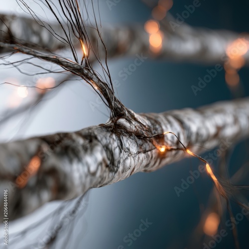 Axon nerve fiber showing protective myelin sheath with signs of demyelination and repair inside abstract medical background.
