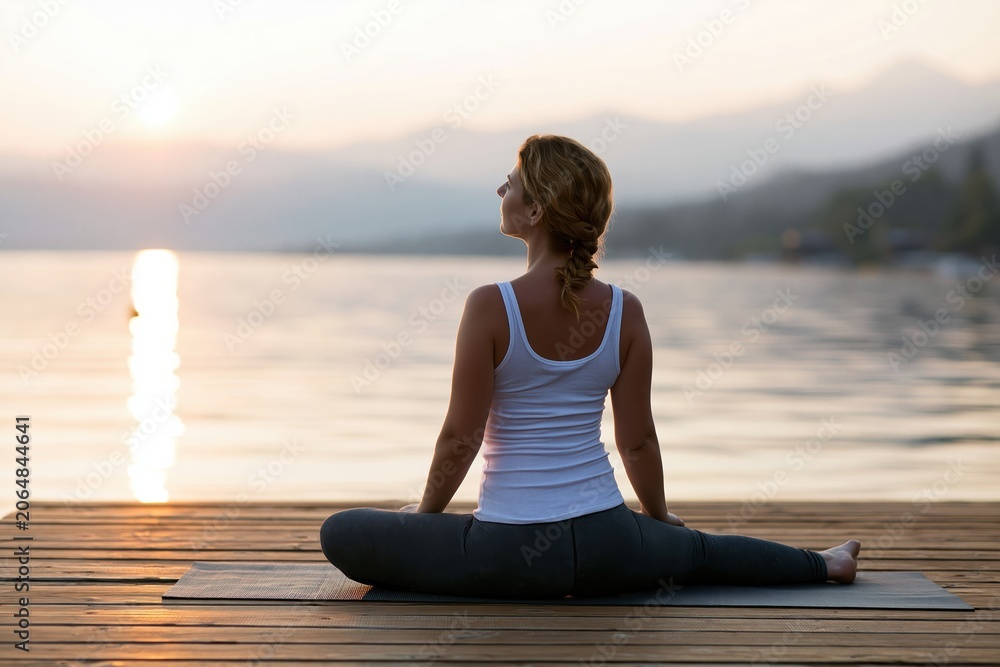 Fototapeta premium Yoga practice for a fit woman stretching on a wooden pier by the lake at sunset