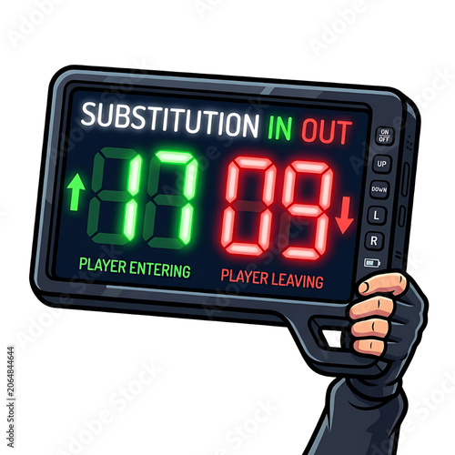 Soccer electronic substitution board with green and red numbers vector illustration isolated on white background
