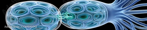 Axon nerve fiber showing protective myelin sheath with signs of demyelination and repair inside abstract medical background.