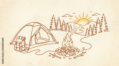 Camping scene with tent, campfire, trees, sun, and stream in a serene natural landscape with question mark made of herbs.