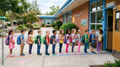 Elementary school children lining up outside classroom on sunny day.