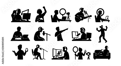 Content Creator Icons Set, Digital Media Streamer Silhouettes, Online Influencer Vector Graphics