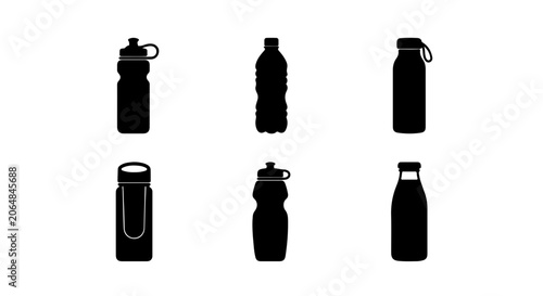 Set of 6 Black Water Bottle Icons, Hydration Container Vector Graphics, Sports Drink Bottles, Fitness Accessories