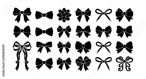 Black Bow Icons, Decorative Ribbon Knots, Elegant Gift Wrapping Elements, Vector Set
