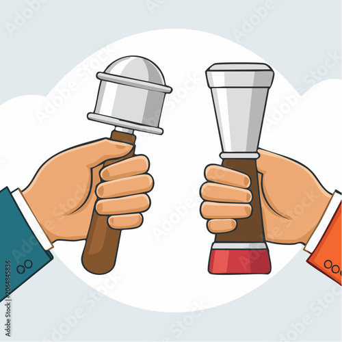 Two hands holding coffee tampers
