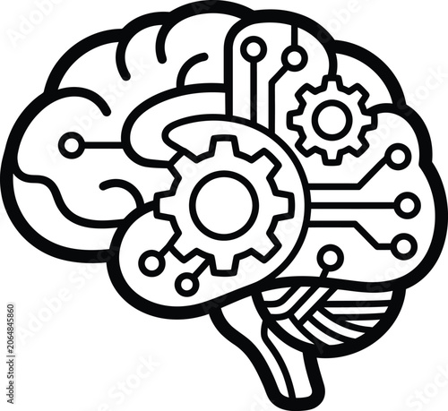 Brain with circuit board and gear icons inside