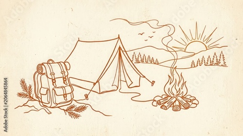 Camping scene with a tent, backpack, and campfire in a serene natural landscape at sunrise or sunset.
