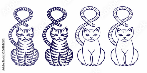 Εκτύπωση καμβά Line art illustration featuring four cats with curled tails and striped bodies