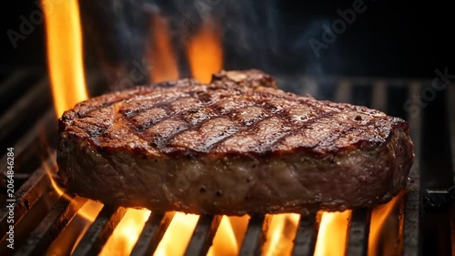 Sizzling Ribeye Steak Grilling Over Open Flames on a Barbecue.
