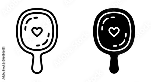 Hand Mirror Icons, Heart Reflection, Vintage Vanity Accessory, Love Symbol, Black and White Vector Graphics