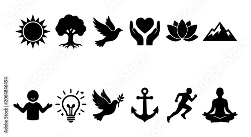 Nature, Peace, and Wellness Icons: Sun, Tree, Dove, Lotus, Mountain, Yoga, Running
