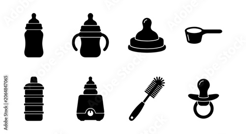 Baby Bottle Icons Set, Infant Feeding Supplies, Pacifier, Brush, Measuring Spoon, Vector Graphics