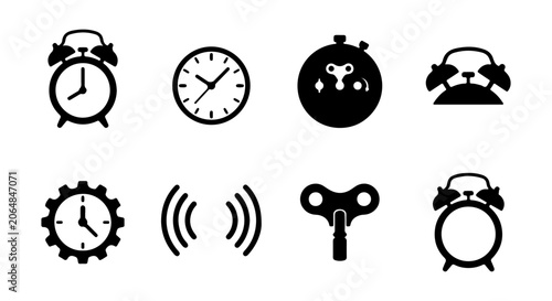 Alarm Clock Icons, Stopwatch, Timepiece Symbols, Vector Collection for Time Management