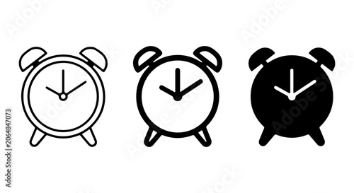 Alarm Clock Icons Set, Retro Timepiece Vector Graphics, Vintage Wake Up Symbols