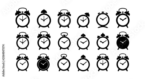 Retro Alarm Clock Icons, Vintage Timepiece Symbols, Classic Wake-Up Gadget Collection, Black and White Vector Set