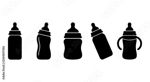 Baby Feeding Bottles Collection, Infant Sippy Cups, Newborn Nourishment Vessels, Simple Vector Icons