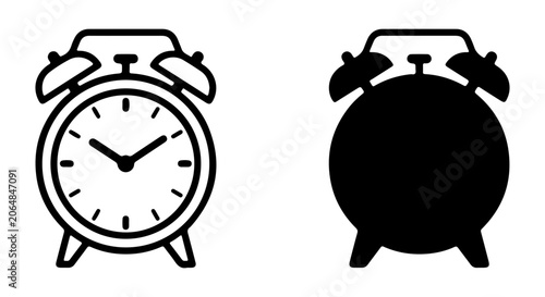 Retro Alarm Clock Icons, Vintage Timepiece Symbols, Classic Bell Alarm, Silhouette Vector Set
